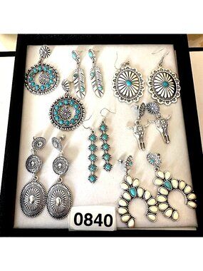 Costume Jewelry Lot Western Style Faux Turquoise Silver Tone Pierced Earrings